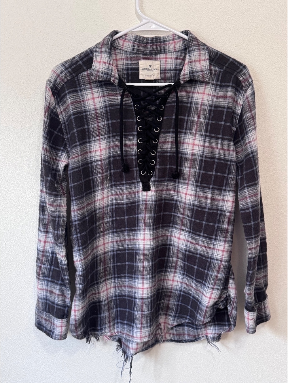 American Eagle Oversized Fit Lace-Up Plaid Flannel Shirt S/P